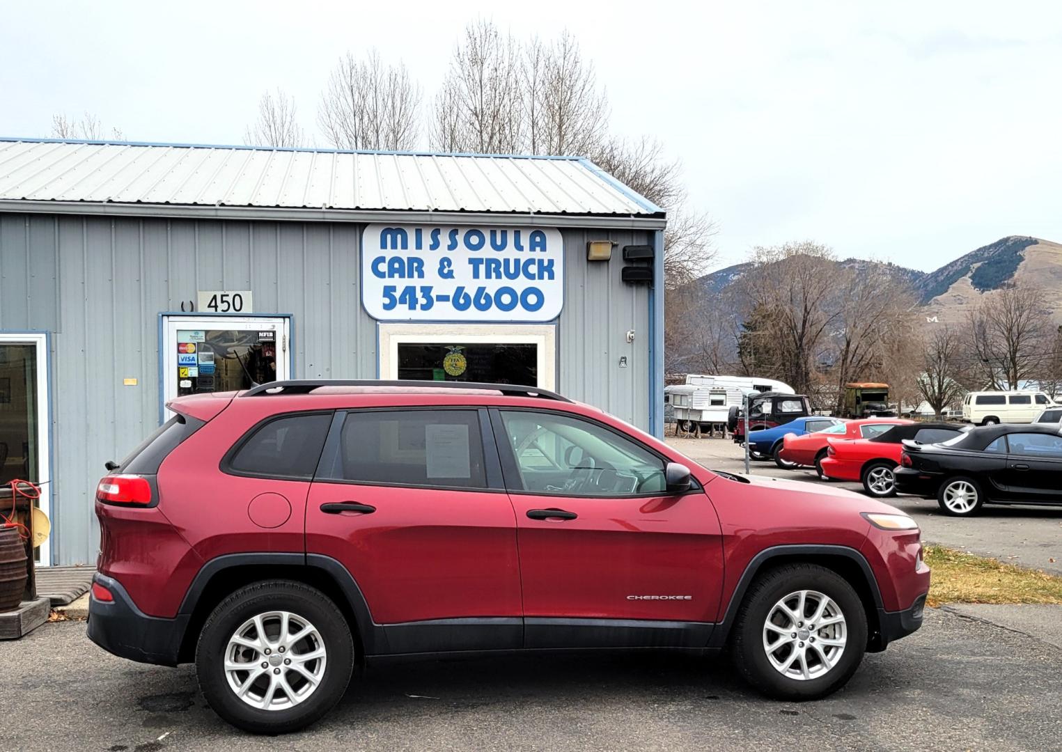 2016 Maroon /Tan Jeep Cherokee Sport (1C4PJMAB9GW) with an 2.4L I4 engine, 9 Speed Automatic transmission, located at 450 N Russell, Missoula, MT, 59801, (406) 543-6600, 46.874496, -114.017433 - Clean 4 Wheel Drive SUV. Air. Cruise. Tilt. Power Windows and Locks. Bluetooth. Backup Camera. - Photo#0